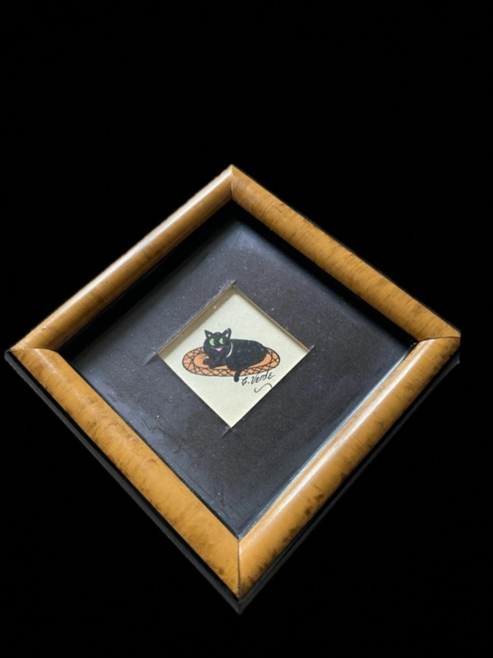 Vintage Miniature 3x3 Black Cat Framed Art Print Signed G. Verde AS IS Back Tear